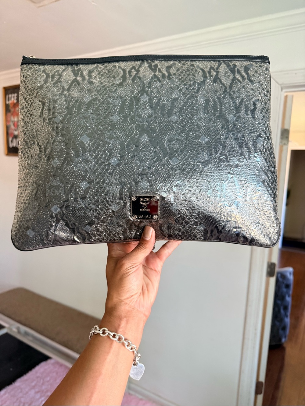MCM Black Leather Zip Pouch with Silver Hardware